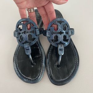 Tory Burch Miller Sandals Navy Black Brushed Matte Metallic- Rare color Sz 9